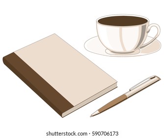 Vector picture of coffee cup with notebook and pen. Graphic isolated image on a white background. Pop Art.