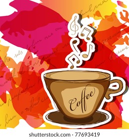 Vector picture with coffee cup and steam with music notes