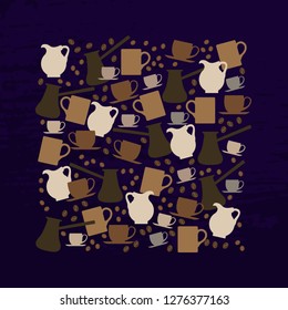 Vector picture with coffee and coffee dishes; perfect for menu, flyers, cards, posters, stickers, certificates, banners, websites of shops and cafes, for print on fabric, on paper, for digital design
