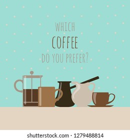 Vector picture with coffee and coffee dishes; perfect for menu, flyers, cards, posters, stickers, certificates, banners, websites of shops and cafes, for print on fabric, on paper, for digital design
