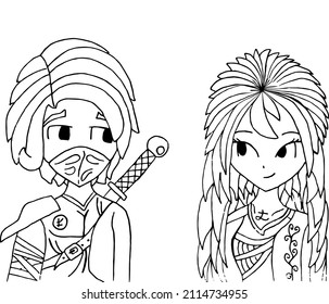 Imagen vectorial para colorear con la imagen de un par de jóvenes, una chica y un hombre. La gente es dibujada a mano.