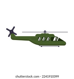 Imagen vectorial del helicóptero verde de combate con una hélice de estilo plano. Ilustración de armas del ejército. Equipo militar. Guerra, concepto de batalla