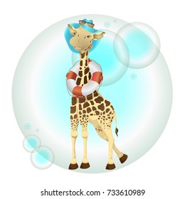 Vector picture comical giraffe goes for a swim