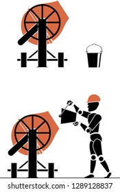 Vector picture construction equipment- concrete mixer, bucket, concrete mixer in action with man 