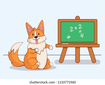 vector picture  corgi dog at school with chalkboard  welcome back to school