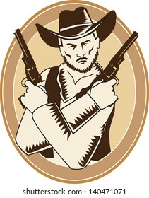 vector, a picture of a cowboy with two revolvers in their hands made in shades of brown in the style of vintage