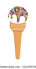 Vector picture of cream ice cream, poured by liquid chocolate on top in waffle cup and sprinkled with colored caramel, isolated on white background. Creamy cold dessert.