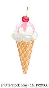 Vector picture of a cream ice cream, syrup filled with cherries on top in a waffle cup, isolated on a white background. Creamy cold dessert.