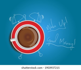 Vector picture, cup of coffee and alarm clock. For use in postcard designs and greetings