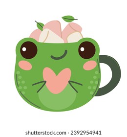 Vector picture cup with frog and sweets holiday card, hot drink