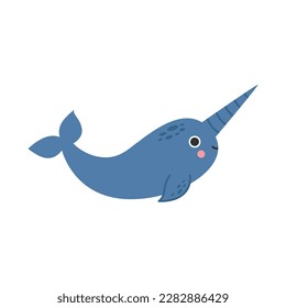 Vector picture of cute blue narwhal isolated on white background.