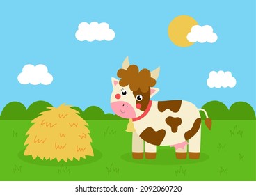 Vector picture of cute cow on green field. Rural landscape.