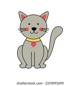 Vector picture of cute gray cat sitting isolated on white background.