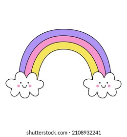 Vector picture of cute kawaii rainbow isolated on white background.