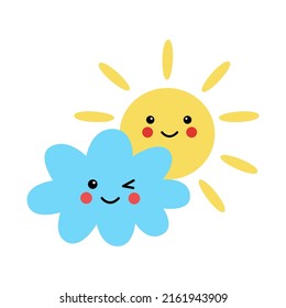 Vector Picture Of Cute Kawaii Sun On White Background.