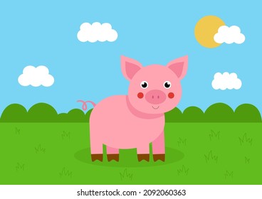 Vector picture of cute pink pig on green field. Rural landscape.