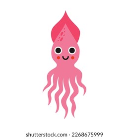 Vector picture of cute pink squid isolated on white background.