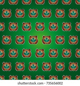vector picture of dark brown boards with a green maple leaf, which form a symmetrical seamless pattern on gradient dark green background