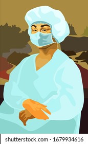 vector picture depicting an Italian woman doctor Lisa during an epidemic crown virus in protective medical uniform