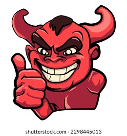 Imagen vectorial, pulgares hacia arriba del diablo con su sonrisa. Para El Elemento Más Estricto.