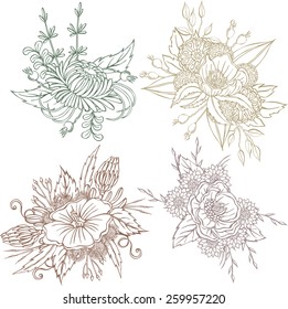 Vector picture with different bouquets of flowers