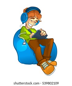 vector picture of digital painter at work. Man sitting on the sofa and make some digital illustration on Graphic tablet. Smile on face