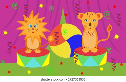 
vector picture drawing background circus arena performance lion tiger show ball curtain backstage animals