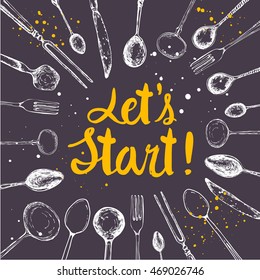 Vector picture with eating utensils. Menu pattern.  Illustration with funny kitchen appliances on black background. Decorative elements for your packing design. Multicolor decor.