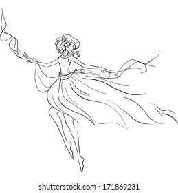 Vector picture with elegant dancing woman in light airy dress