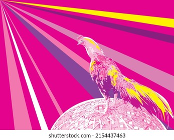vector picture of a fighting cock standing on a cage on a bright purple background