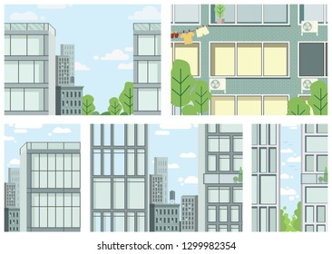  Vector picture of five objects. Well suited for graphic design of websites, magazines and other backgrounds in a modern style. The picture of the building and an empty window to paste its characters.