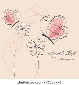 Vector picture with flowers and pink butterflies