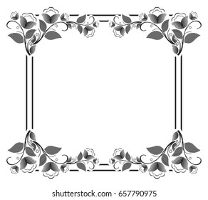 Vector picture frame. Black and white silhouette square background with floral ornament. Ornament for laser engraving. Copy space.