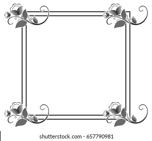 Vector picture frame. Black and white silhouette square background with floral ornament. Ornament for laser engraving. Copy space.