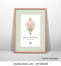 Vector picture frame design. Vintage floral pattern. Realistic shadow. Place for your text. Perfect for greetings, invitations or announcements. Realistic shadow.