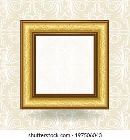 Vector  picture frame on a wall with damask wallpaper