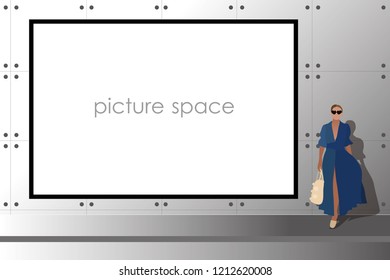 vector picture frame woman standing front cement wall