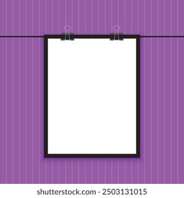 Vector picture frames on purple background. mock up frame photo. Blank frame hanging