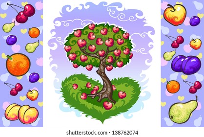 Vector picture. Fruit tree stands on the grass. The grass in the form of heart has curls. On the tree red ripe apples. You can substitute other fruit apples on the this set.