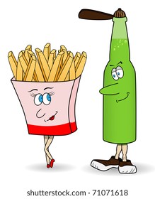 Vector picture with funny french fries and bottle of beer