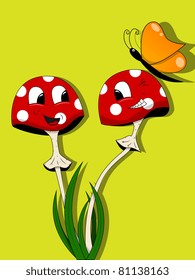 Vector picture with funny mushrooms and butterfly