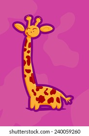 Vector picture of funny smiling giraffe on pink background. Flat cute animal portrait good for children book illustration or print design. Baby cosmetic logo design.