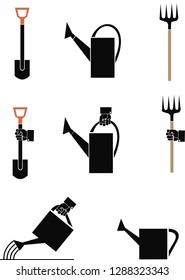 Vector picture garden tool : showel, watering can, fork
