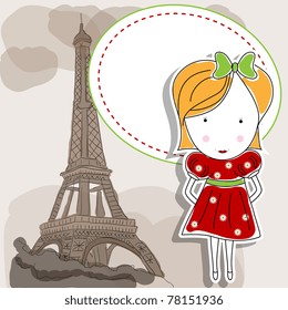 Vector picture with girl in red dress and Eiffel tower