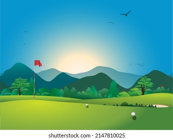 imagen vectorial del campo de golf rodeado de hermosas montañas