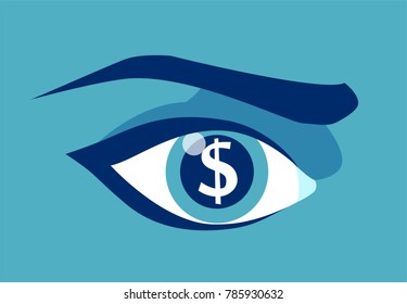Vector picture of greedy eye with dollar sign in pupil. 