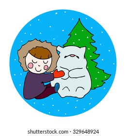 Vector picture with a guy and a snow bear. New year greeting card. For your design