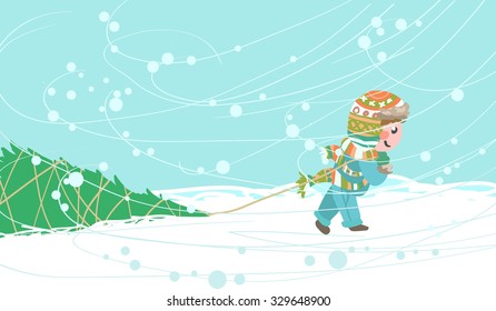 Vector picture with the guy and the tree. New year greeting card. For your design