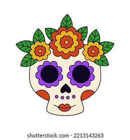 Vector picture of hand drawn Mexican skull isolated on white background.