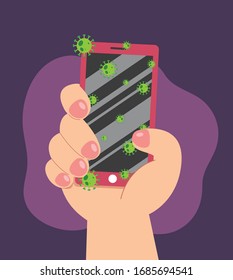 Vector picture hand holding dirty mobile phone with virus, coronavirus, COVID19 infection